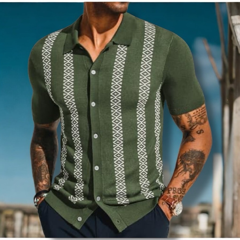 Men’s Paul‎ Jones Vintage Print Twisted Cable Knit Button Front Lapel Collar